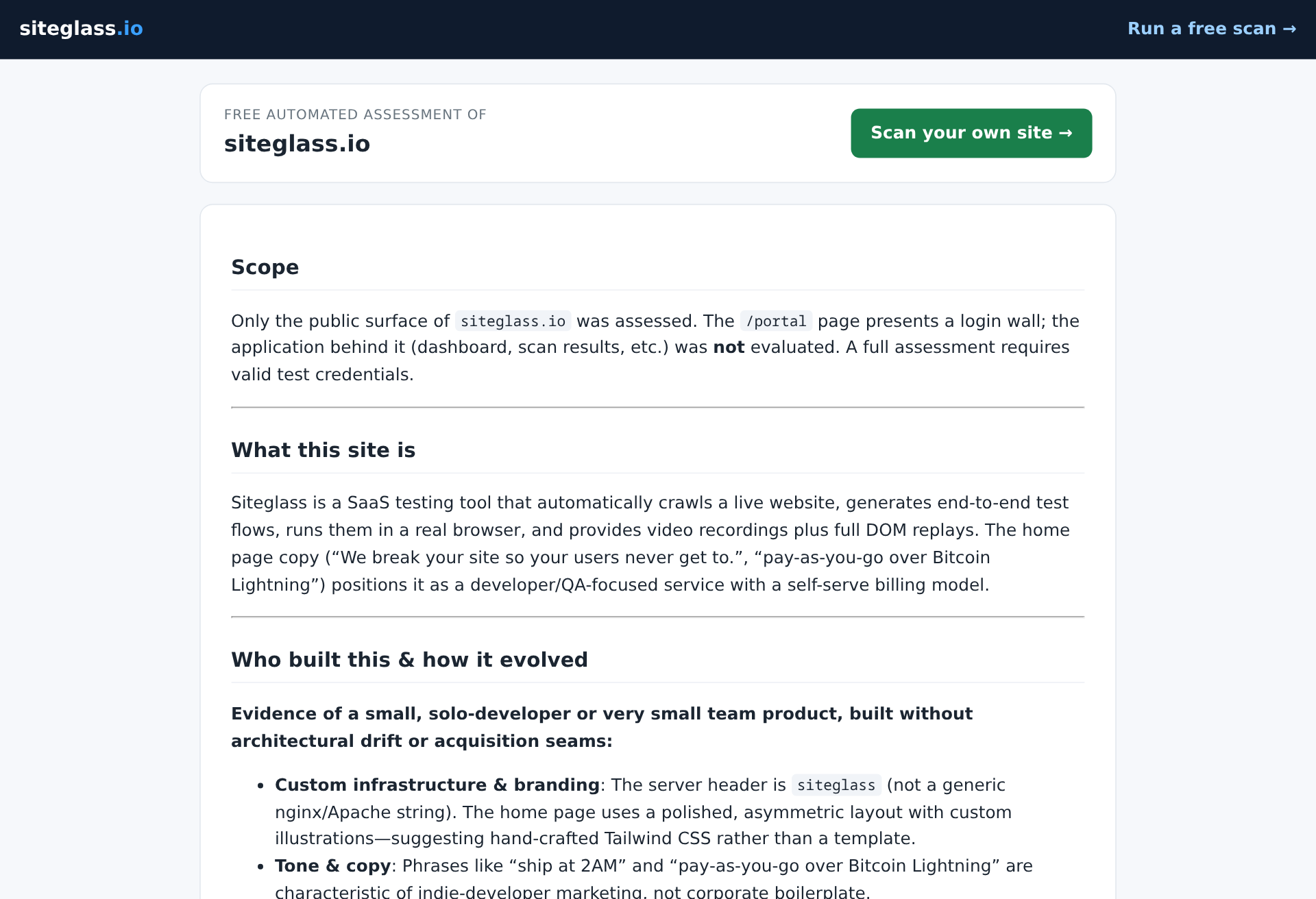 A real siteglass scan of siteglass.io — report, security findings, and auto-generated end-to-end test flows